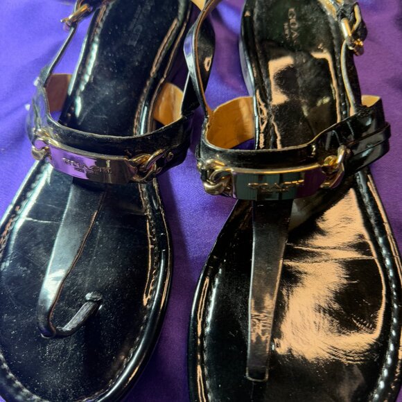 πCoach Caterine Black Leather Flat Slingback Thong Sandals Chainlink Logo 9.5B - Picture 2 of 14